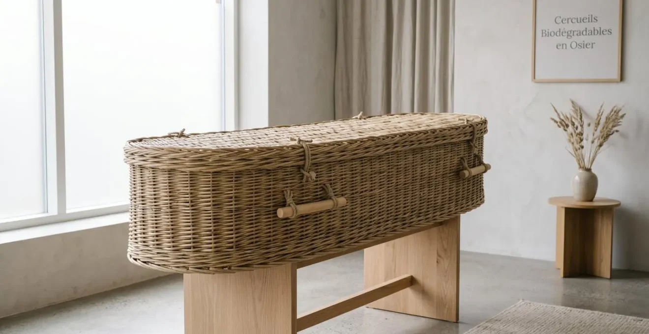 Cercueil en osier naturel tissé présenté dans un showroom d'agence funéraire avec éclairage doux
