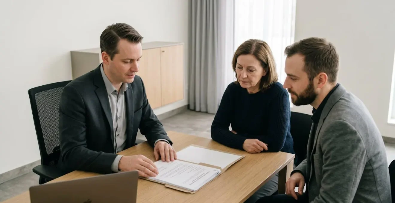 Conseiller funéraire expliquant des documents administratifs à deux adultes dans un bureau d'agence sobre et professionnel