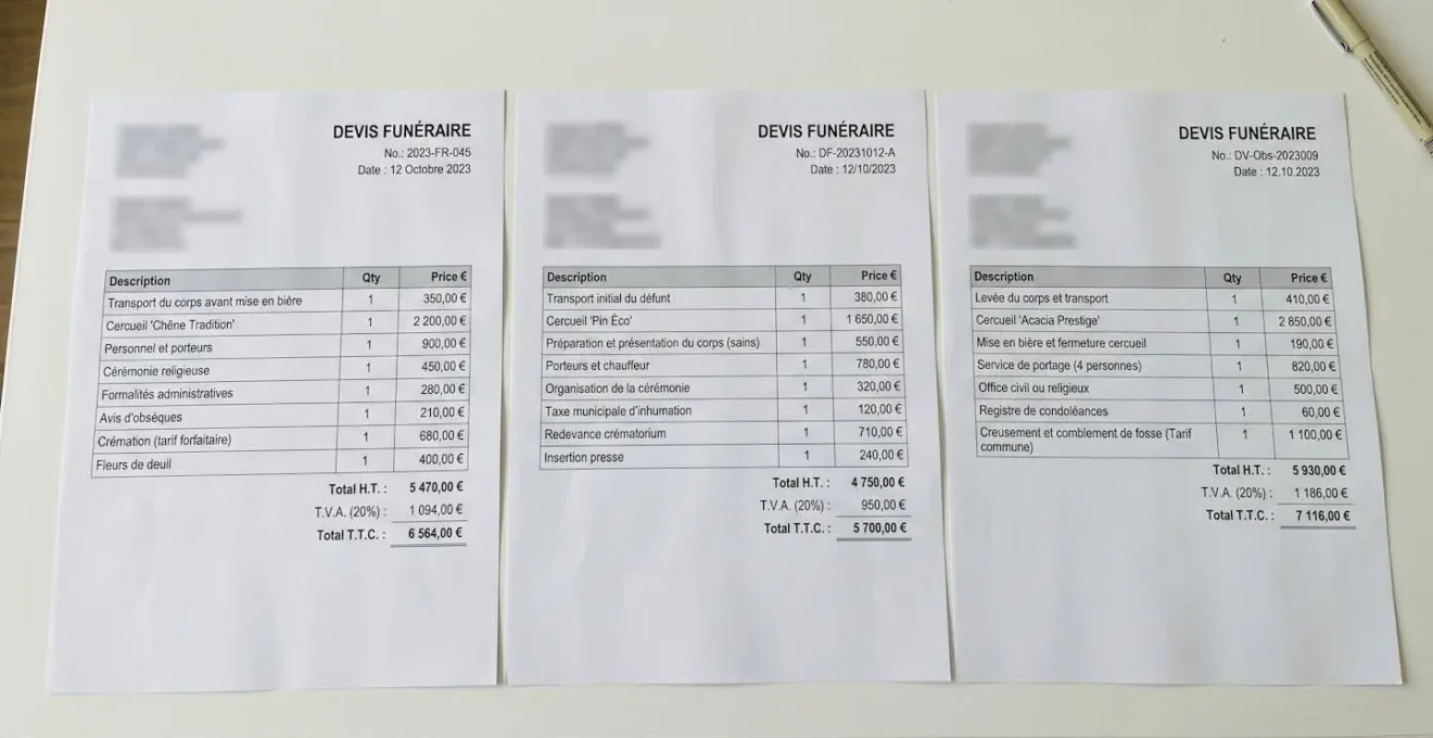 Trois devis de services funéraires détaillés disposés côte à côte sur un bureau pour comparaison des prestations et tarifs
